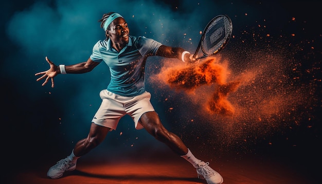 Photographie dynamique éditoriale d'un joueur de tennis en action