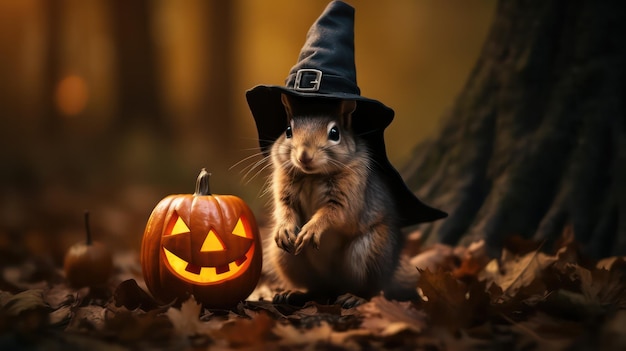 une photographie d'un écureuil mignon utilisant un chapeau de sorcière pour la célébration d'Halloween