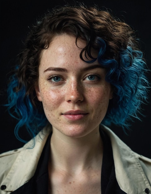 Photo photographie éditoriale d'une femme de 25 ans avec des cheveux en désordre, des boucles de cheveux bleus