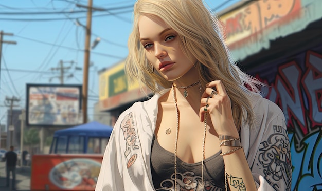 Une photographie élégante capturant l'essence d'une jeune femme dans le style GTA, son regard féroce et son sens de la mode urbaine faisant une déclaration audacieuse