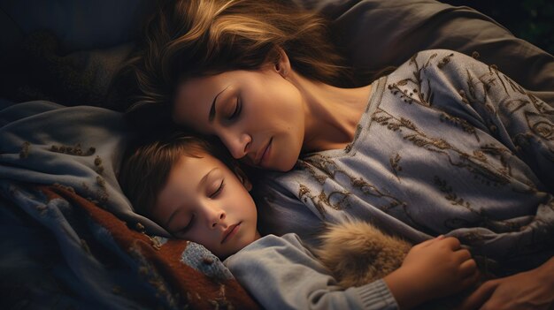 Photographie d'un enfant qui dort avec sa mère