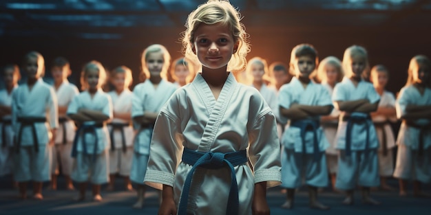 photographie d'enfants heureux en uniforme de karaté debout avec des amis derrière