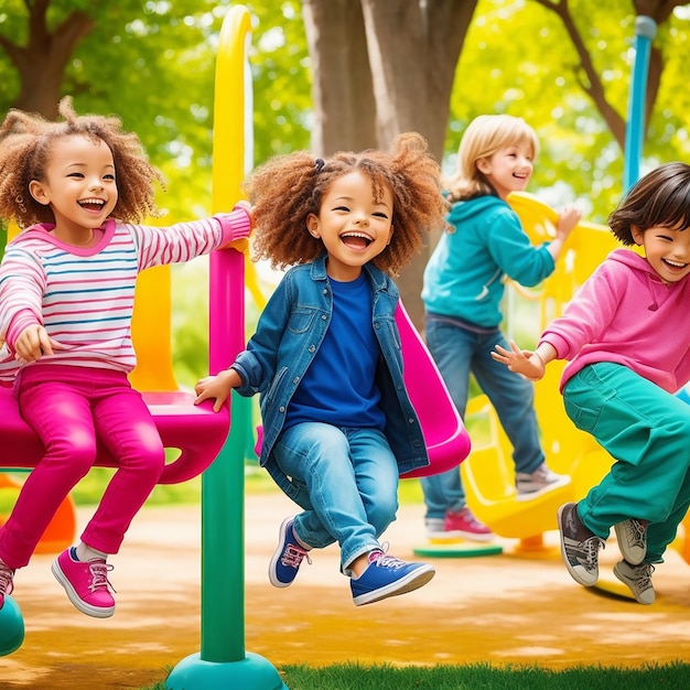 Une photographie d'enfants jouant dans un parc coloré. L'image met en valeur leurs rires.