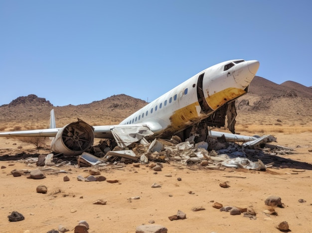 Photographie d'une épave d'avion rouillée dans le désert