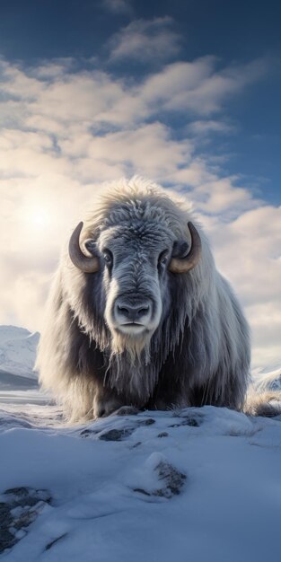 Photo une photographie époustouflante de la toundra, un yak psychédélique sur la neige.