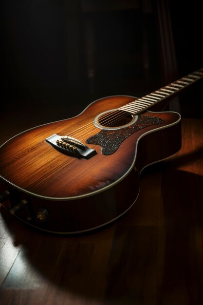 Photographie étonnante d'un instrument de guitare acoustique dans une pièce sombre générée par l'IA