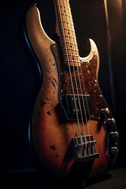 Photographie étonnante d'un instrument de guitare basse dans une pièce sombre générée par l'IA