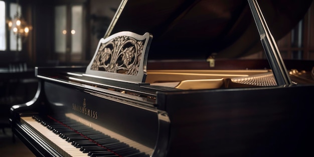 Photographie étonnante d'un instrument de piano à queue dans une pièce sombre générée par l'IA