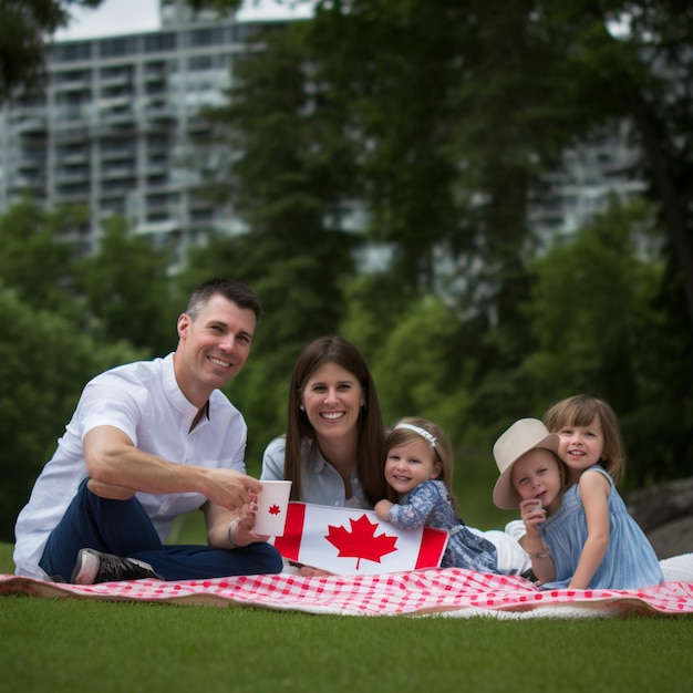 Photo photographie de famille heureuse avec le drapeau du canada couverture pique-nique nourriture été