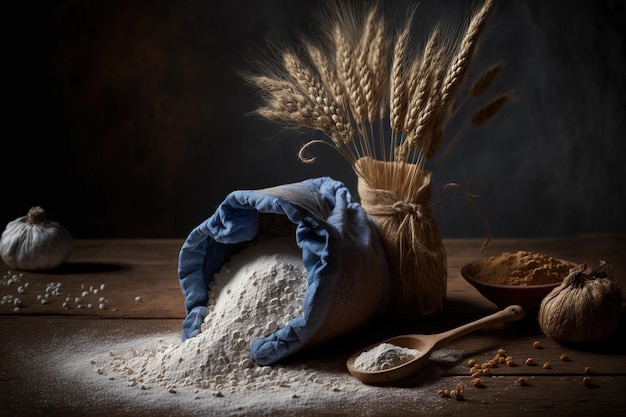 Photographie de farine et de grains de blé sur une table en bois