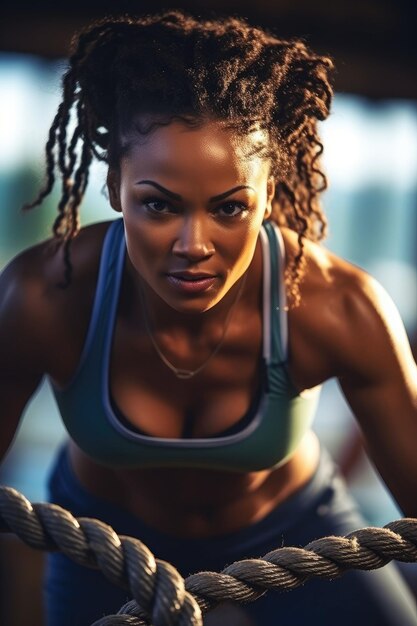 Photo photographie d'une femme africaine sportive en forme et tonique qui s'entraîne dans une salle de sport d'entraînement fonctionnel