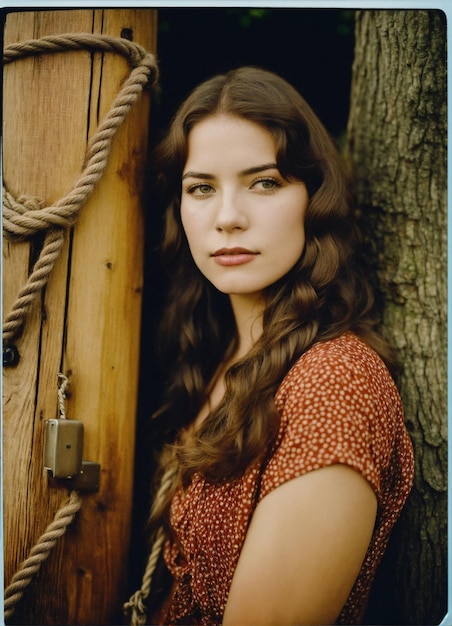 Une photographie d'une femme aux longs cheveux bruns s'appuyant contre un poteau en bois avec une corde vintage kodak