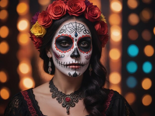 Photographie d'une femme avec le maquillage de Dia De Los Muertos