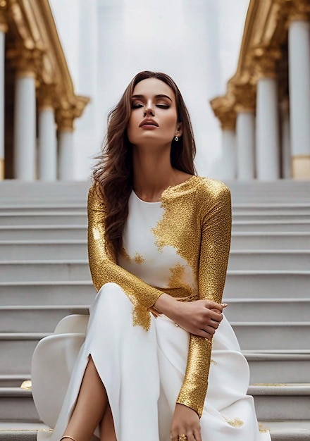 Une photographie de femme de mode avec une robe de couleur dorée