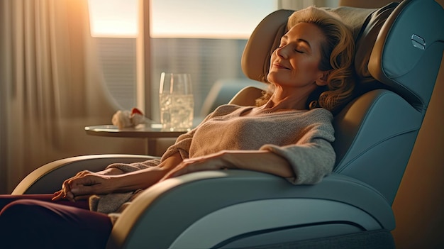 photographie d'une femme se relaxant sur le fauteuil de massage dans le salon