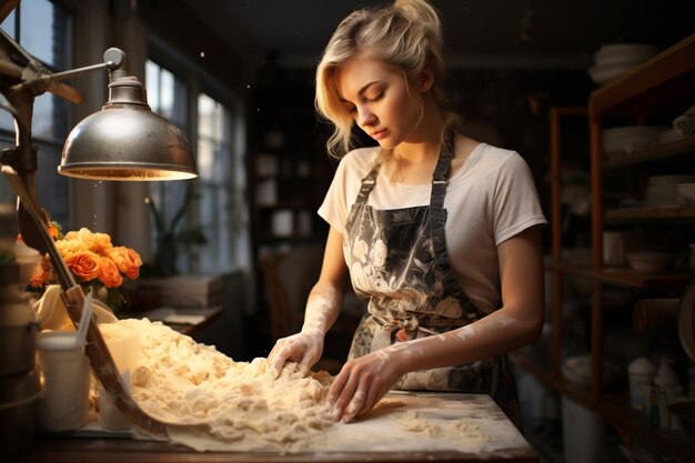 Photographie d'une femme en train de faire de la pâte