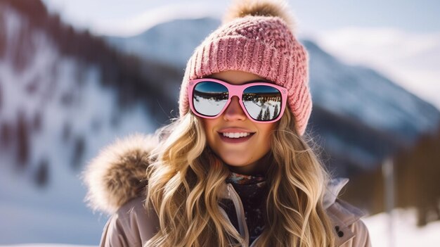 photographie d'une fille heureuse porte des lunettes de soleil passant le week-end à la station de ski vacances d'hiver