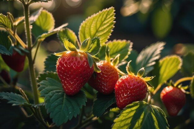 une photographie d'une fraise sur un buisson à la lumière du soleil