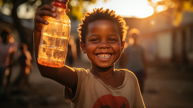 photographie d'un garçon africain extrêmement heureux avec une bouteille d'eau à la main