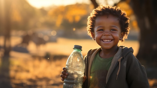 photographie d'un garçon africain extrêmement heureux avec une bouteille d'eau à la main