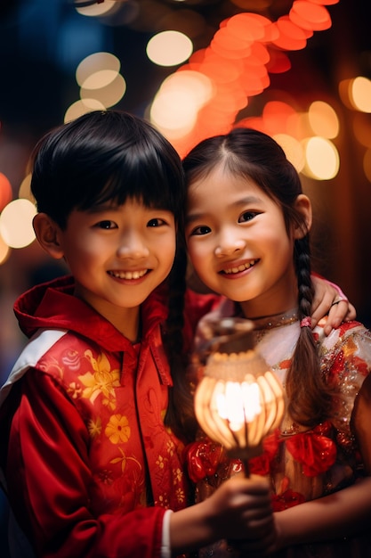 Une photographie d'un garçon et d'une fille chinois souriants dans une robe chinoise rouge tenant une lanterne