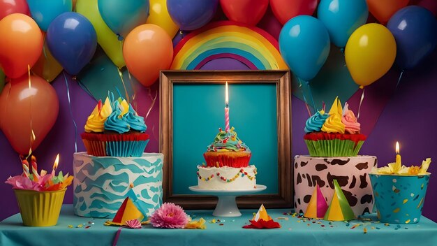 Photographie d'un gâteau d'anniversaire sur une table aquatique avec des ballons, des cadeaux et des décorations