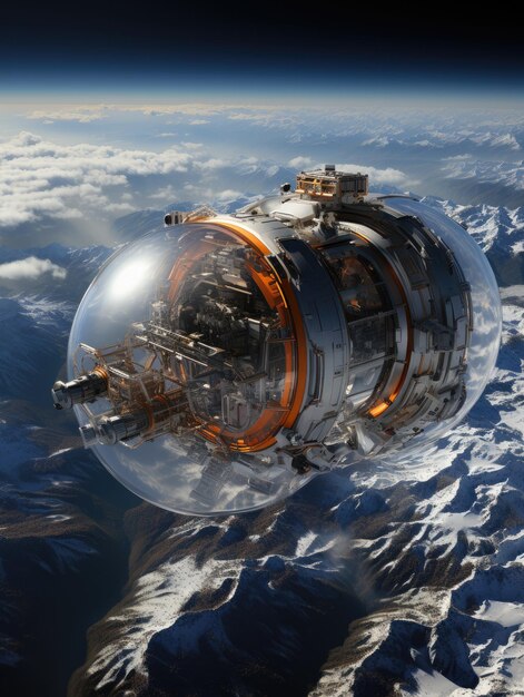 Photographie géographique nationale d'une station spatiale futuriste au-dessus d'une falaise dans les montagnes d'hiver