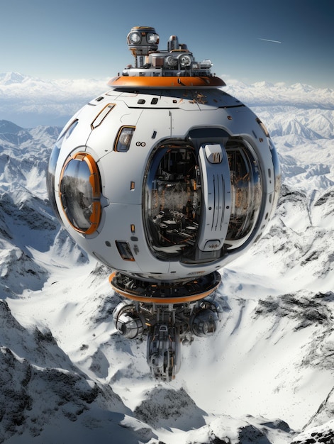 Photographie géographique nationale d'une station spatiale futuriste au-dessus d'une falaise dans les montagnes d'hiver