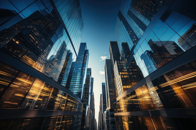 Photographie de gratte-ciel d'entreprise urbains prise d'en bas vers un ciel bleu IA générative