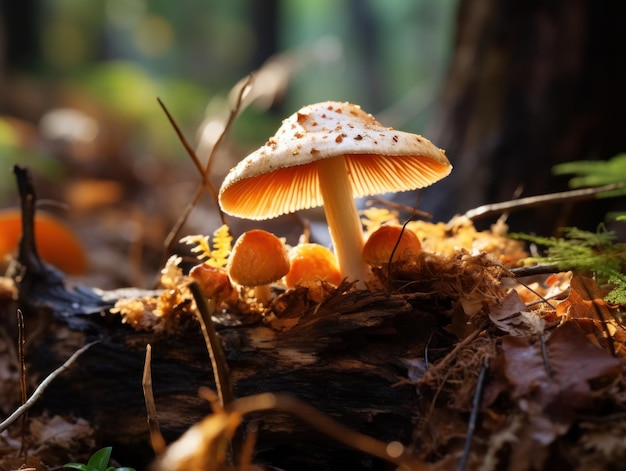 Photographie en gros plan de champignons sauvages dans la lumière du matin des bois