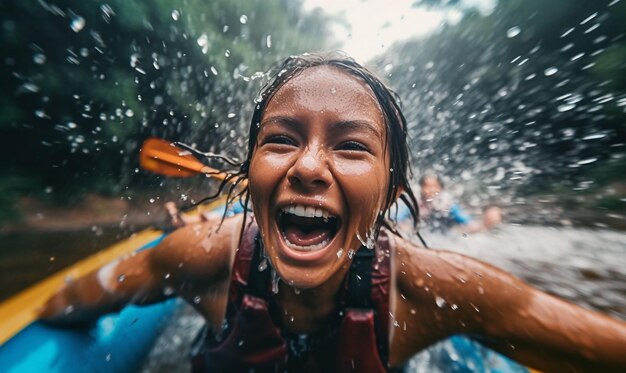 Photo photographie en gros plan d'une femme très excitée ramant rafting bateau ai génératif