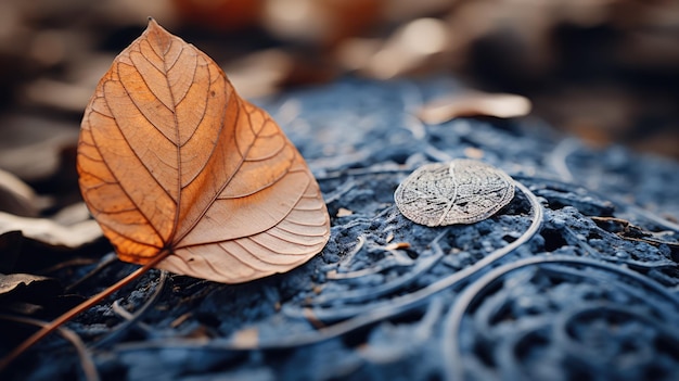 Une photographie en gros plan d'une feuille tombée avec des motifs complexes