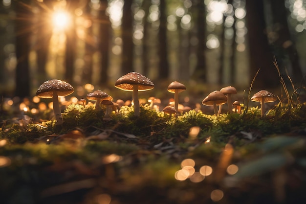 photographie d'un groupe de champignons éclairés par la lumière du soleil dans la forêt