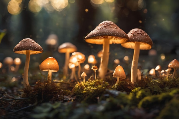 photographie d'un groupe de champignons éclairés par la lumière du soleil dans la forêt