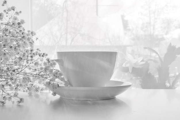 Photographie haute définition d'une tasse en porcelaine blanche avec une soucoupe et du gypsophile blanc. Le concept de romance, petit déjeuner.