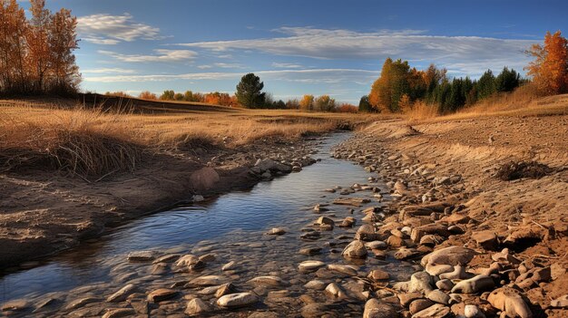 Photographie Hdr primée Des dunes de sable coulent avec des pierres de rivière à l'automne