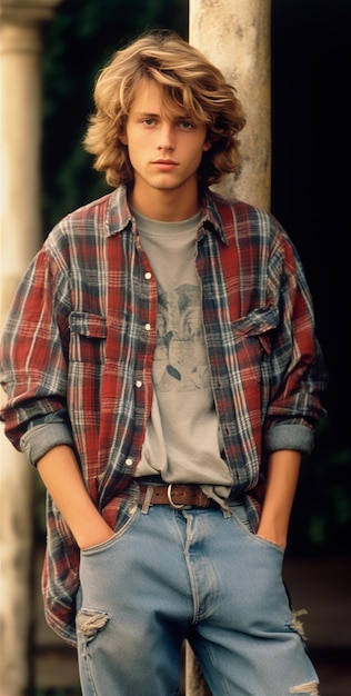 Photographie d'un homme avec une chemise de bûcheron des années 1990.