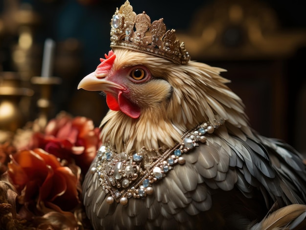 Photographie hyper réaliste d'un poulet coiffé d'une couronne dorée