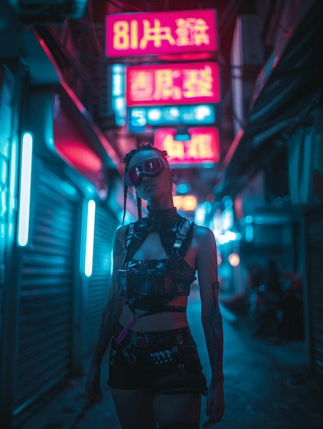 Une photographie hyper réaliste et très détaillée en haute définition d'une femme cyberpunk.