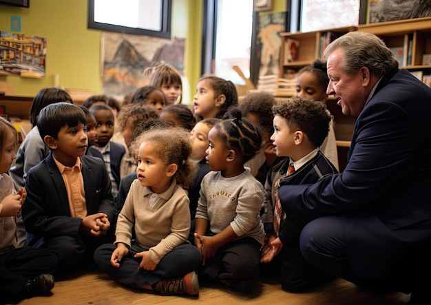 Une photographie hyperréaliste du maire discutant avec un groupe d'enfants lors d'une visite scolaire