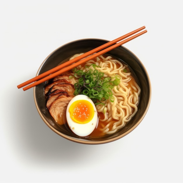 Photographie hyperréaliste du ramen sur fond blanc