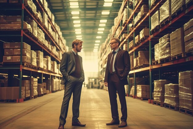 Photo photographie industrielle d'un entrepôt logistique au premier plan, plusieurs boîtes de carton sont emballées. à l'arrière-plan, dans l'effet bokeh, vous pouvez voir des travailleurs organisant les paquets.