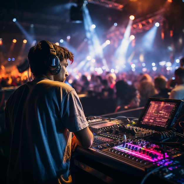 une photographie d'un ingénieur du son fondant derrière le concert