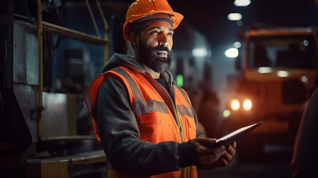 photographie d'un ingénieur masculin avec une tablette travaillant sur une machine lourde de construction dans une installation industrielle