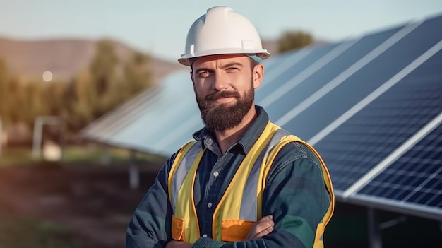 photographie d'un ingénieur en uniforme tenant une ferme de cellules solaires de contrôle de tablette