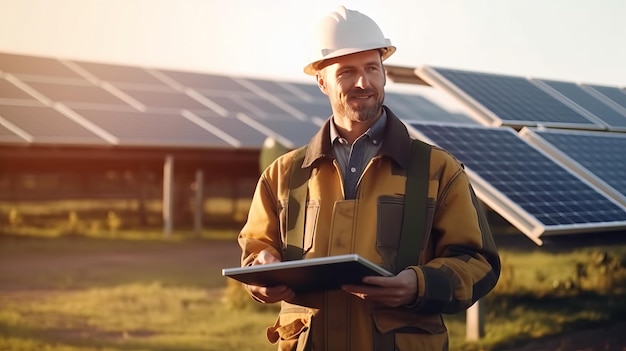 photographie d'un ingénieur en uniforme tenant une ferme de cellules solaires de contrôle de tablette