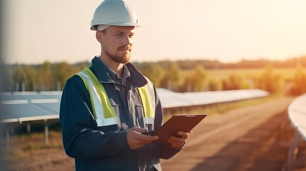 Photographie d'un ingénieur en uniforme tenant une tablette pour contrôler la ferme à cellules solaires