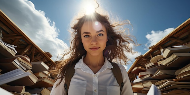 photographie d'une jeune étudiante séropositive portant des livres et un sac à dos à l'école