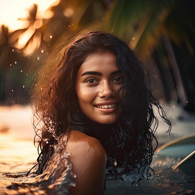 Photographie d'une jeune fille brune aux cheveux ondulés se baignant dans la mer C'est un endroit exotique