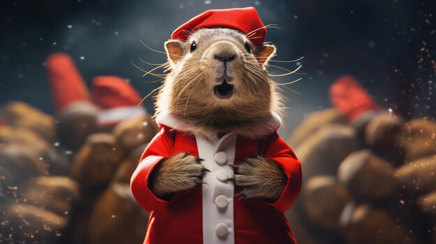 Photo une photographie d'un joli capybara portant un costume et un chapeau de père noël pour la célébration de noël